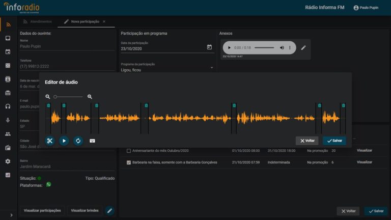 Editor de áudio InfoRadio Gestão de Ouvintes